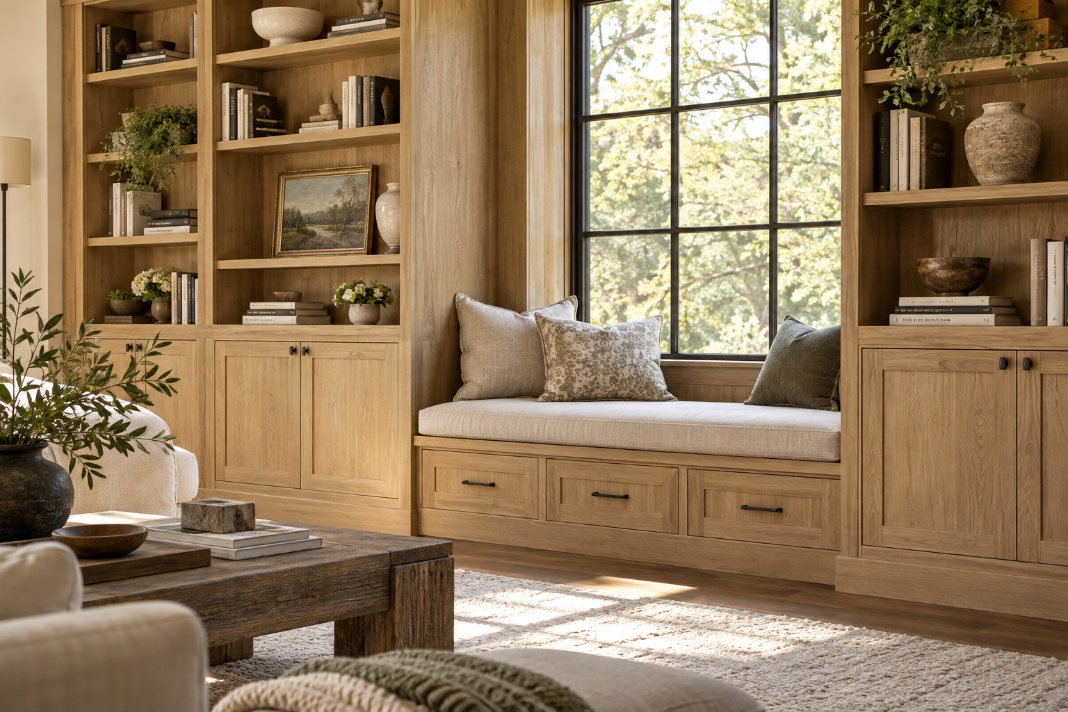 Custom oak bookcase and window seat design inspiration