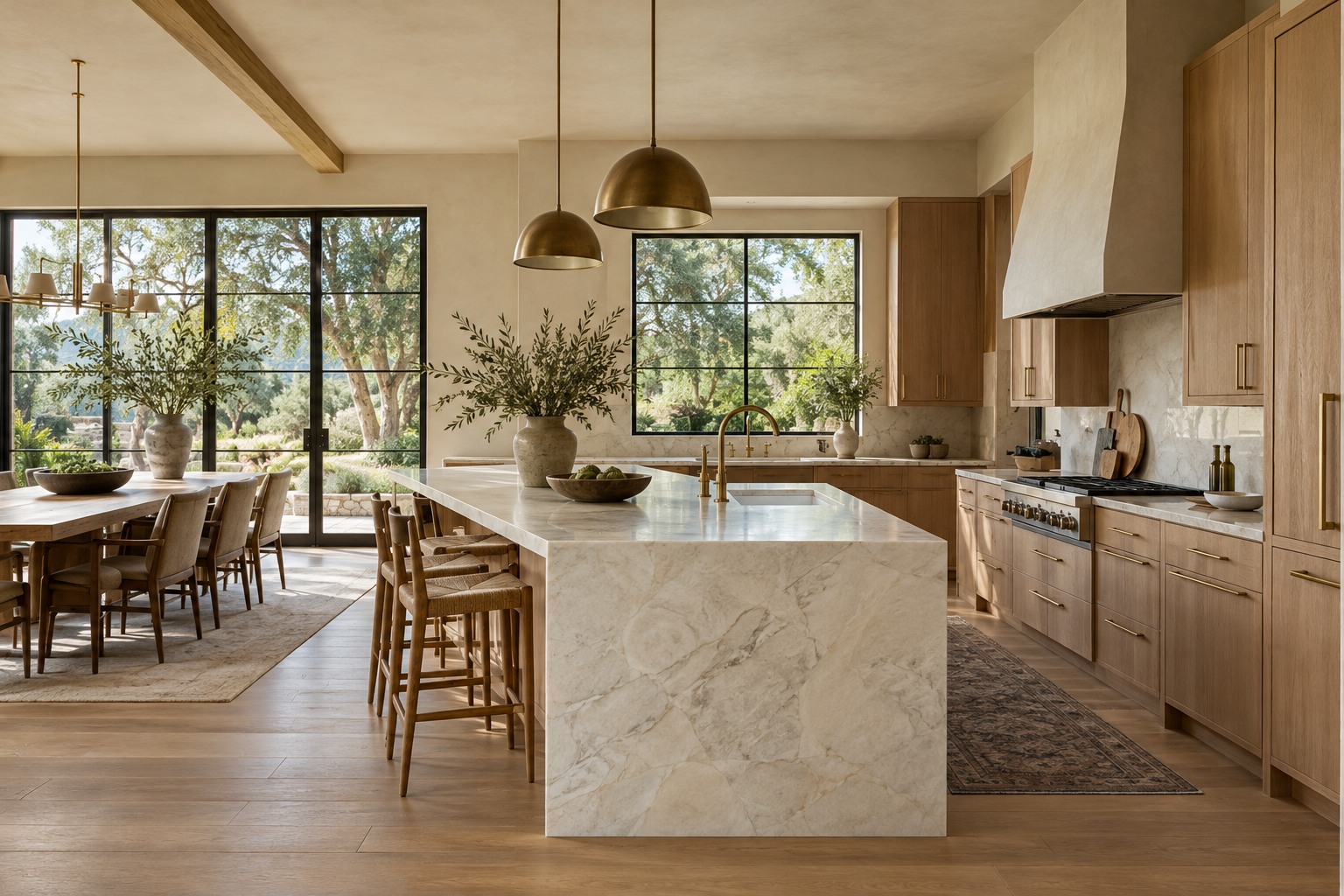 Sunlit oak kitchen with a stone island — design inspiration